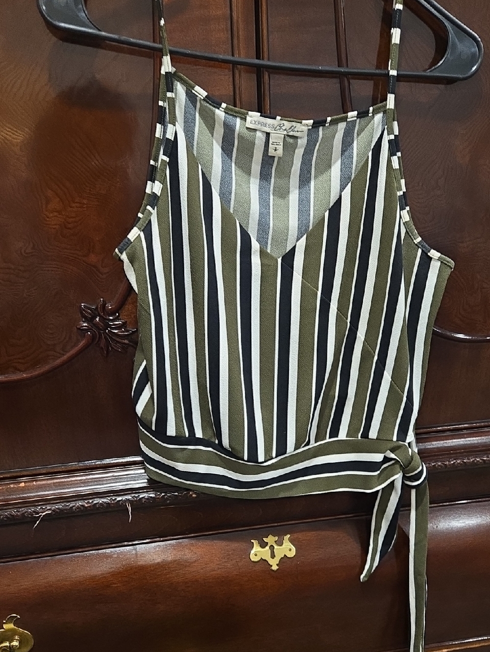 Express Olive, Black & White Striped Tie-Waist Cami